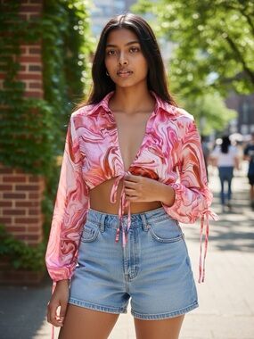 Fashion Nova Pink Swirl Tie-Front Long Sleeve Crop Top
